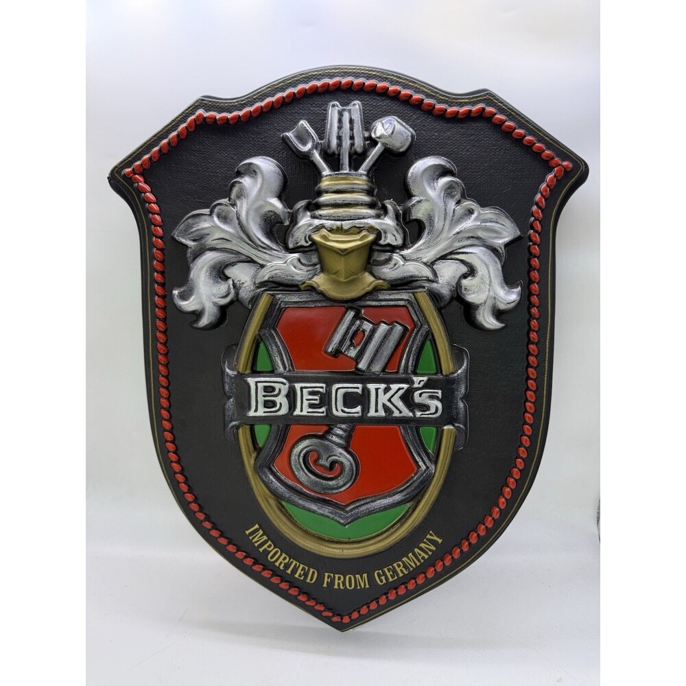 Vintage Beck's Beer Plastic Wall Advertising Shield Sign Coat Of Arms 19”x15.5”